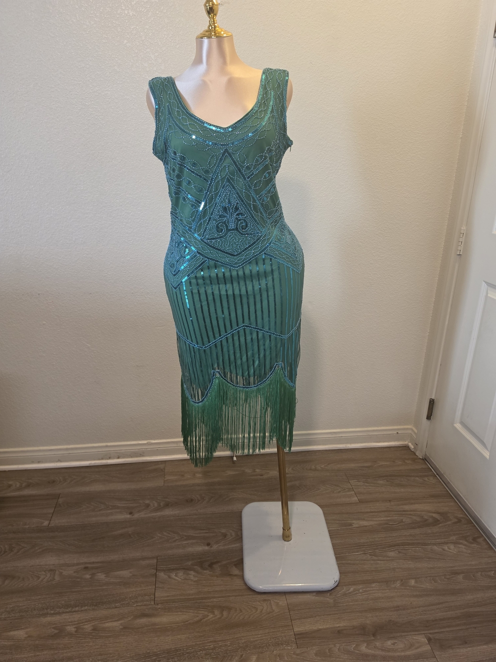 Beaded Fringe Midi Dress in Green Like New